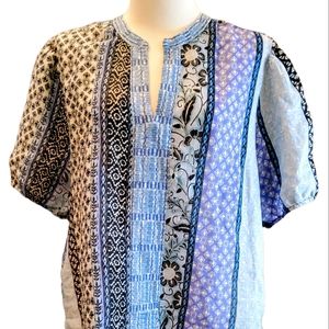JOHNNY WAS WORKSHOP BLUE PATCHWORK BLOUSE, SIZE XL